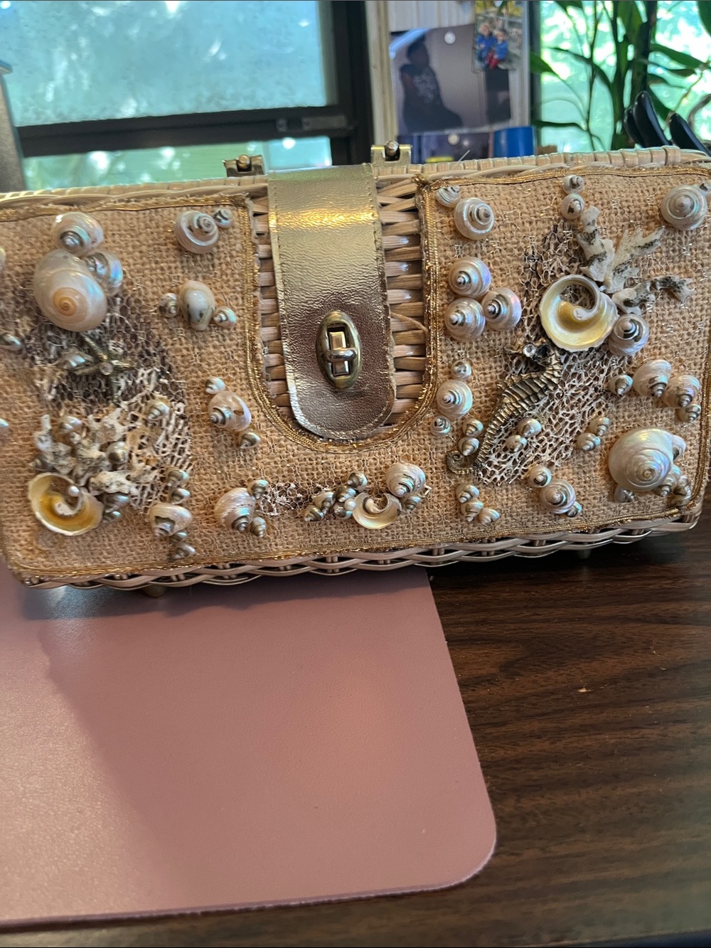 vintage Seashell-Embellished Wicker Box Purse.